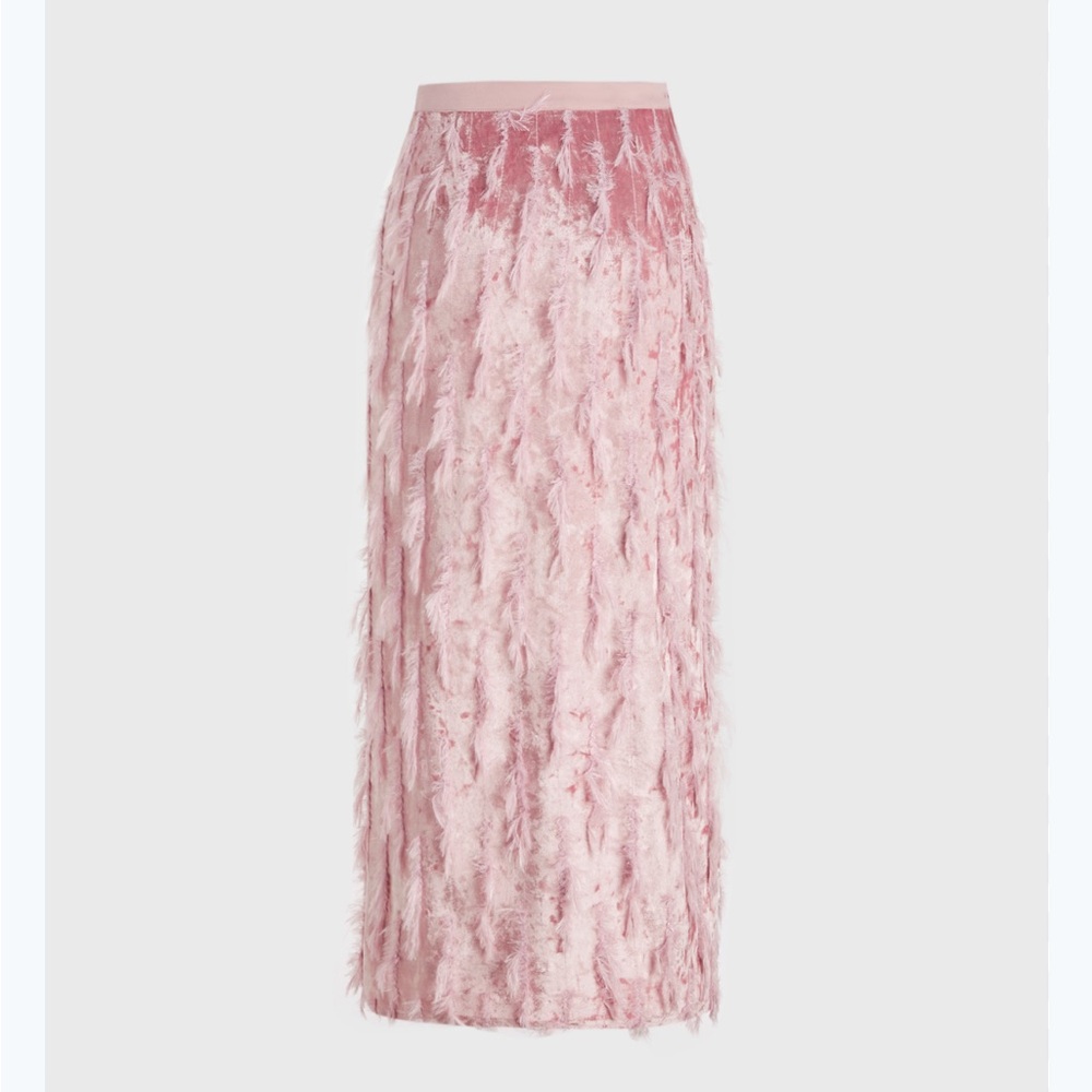 NWT Cider Velvet Fringe Mid Waist Split Feather Maxi Midi Skirt Slit Pink Small